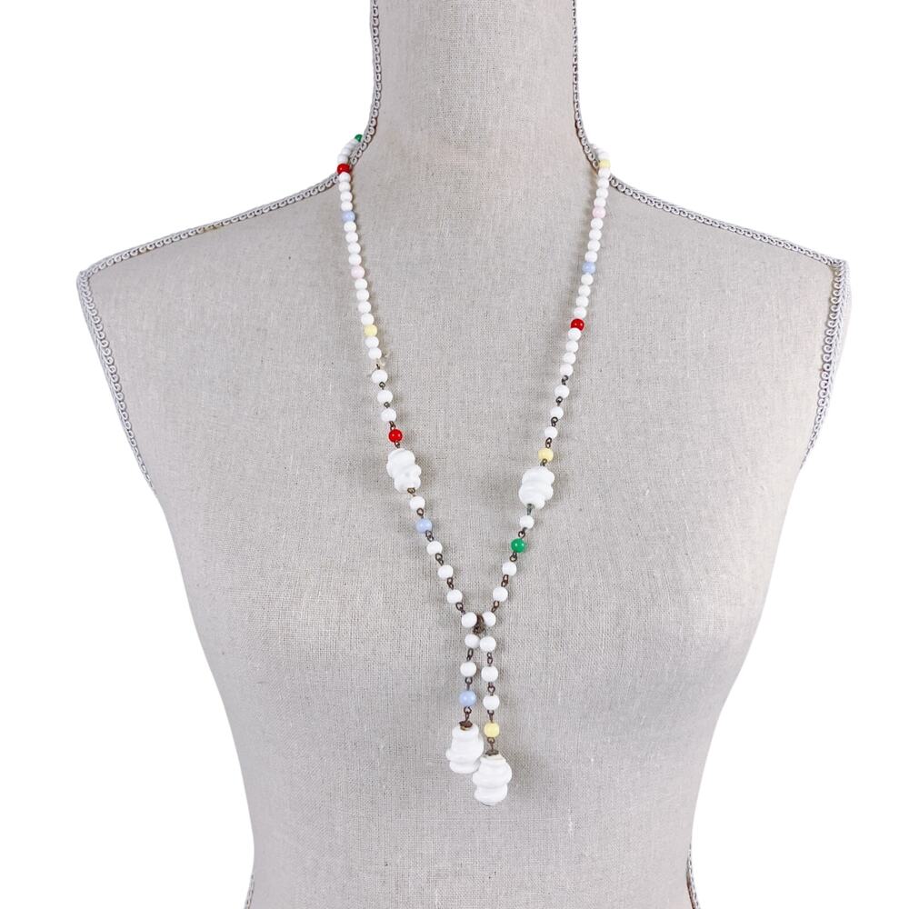 Vintage Milk Glass Lariat Necklace Long Knotted Beaded Y Drop Fun Folk Art Style - Picture 3 of 13